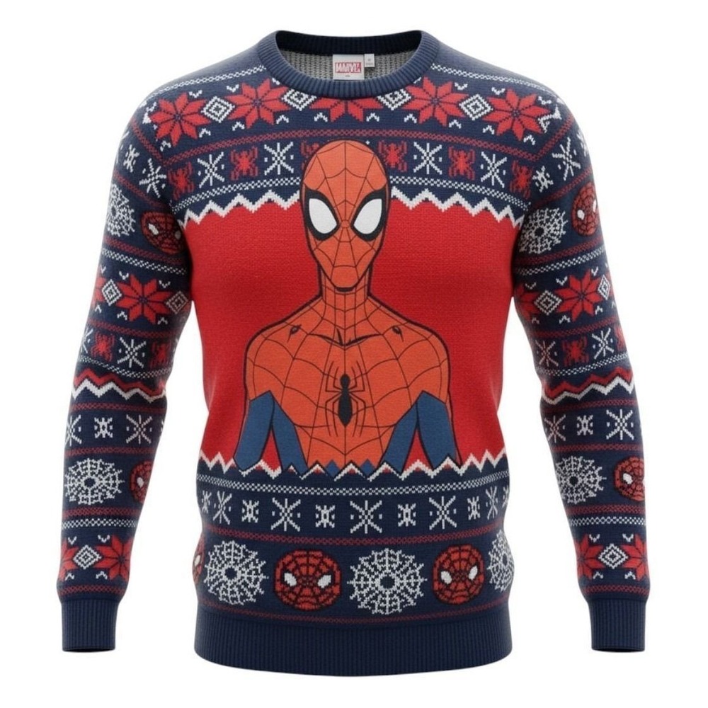 Marvel Spider-Man Mens Holiday Christmas Sweater Large Navy Red Holiday Knit